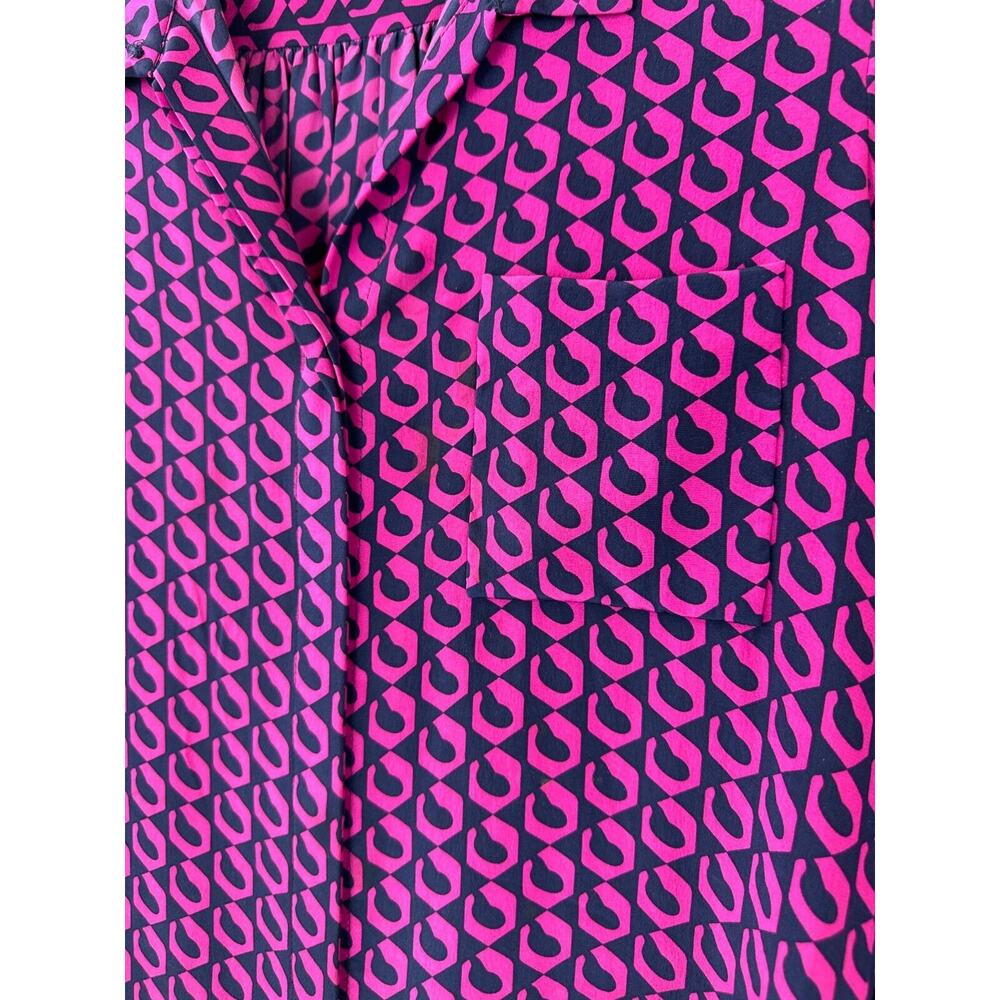 Diane von Furstenberg Silk Button Blouse Pink Navy Top Lorelei Chain DVF Size 8 - Picture 6 of 16